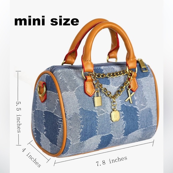 Denim patchwork mini barrel bag with charms and vegan leather handles - Picture 2 of 4